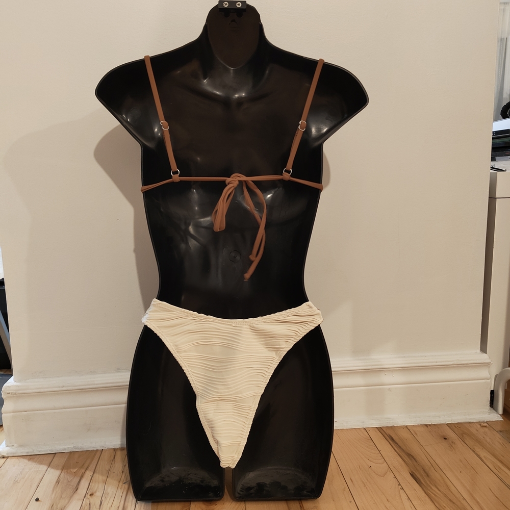 Ruched Cream Bikini Set with Brown Straps - Picture 2 of 3